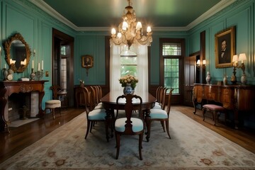 a Victorian dining room with a mahogany table, ornate china, and towering candelabras."