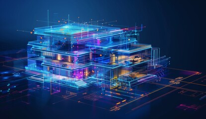 A digital blueprint of an office building with holographic elements, showcasing the innovative technology behind its construction and life cycle management in architectural design Generative AI