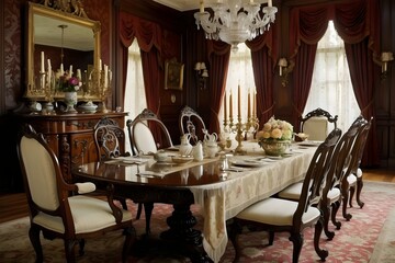  a Victorian dining room with a mahogany table, ornate china, and towering candelabras.