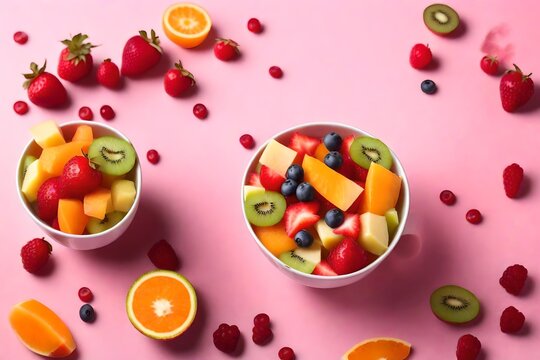 Fruit salad in cup on pink background space for text 