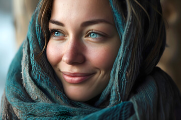 Fototapeta premium portrait of a very beautiful young woman with freckles in a warm knitted scarf. beauty seasonal fashion