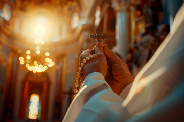 A man holds a cross in his hands and prays intently in a Christian church, AI generation - obrazy, fototapety, plakaty