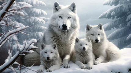 Obraz premium White Wolf Family in Snowy Winter Landscape