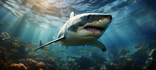a shark swimming in the clear sea beautiful coral reefs in under the sun, ai generative