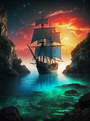 Naklejka premium Moody old fantasy landscape of a pirate ship anchored in a lagoon at sunset. High resolution image for custom wall art, custom diamond painting, custom paint by number or custom puzzle image. 