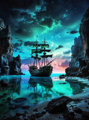 Moody old fantasy landscape of a pirate ship anchored in a lagoon at sunset. High resolution image for custom wall art, custom diamond painting, custom paint by number or custom puzzle image. 
