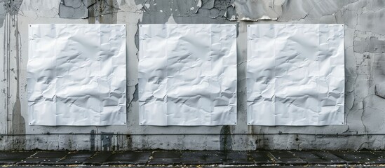 Mockup of white paper posters, featuring wet wrinkled and creased sheets with a crumpled texture, displaying blank posters attached to a street wall or advertising column for design purposes.