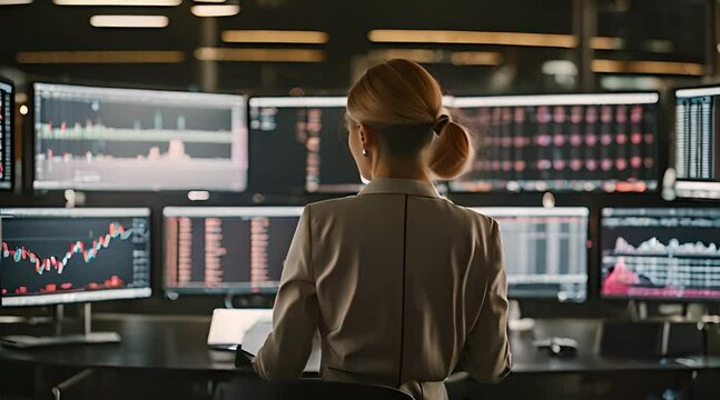 Financial Expertise: Close-up Backview of Experienced Female Broker Working with Stock Exchange, Checking Financial Chart from Market Blockchain Connected to Corporate WiFi in Office Interior
