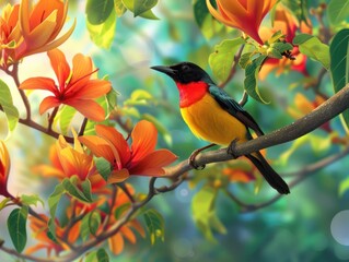 Radiant sunbird on nectar quest tropical flowers - obrazy, fototapety, plakaty