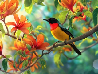 Fotobehang Radiant sunbird on nectar quest tropical flowers © Nisit
