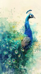 Peacock with full plumage detailed watercolor