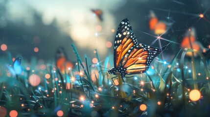 Nano-tech butterflies in digital meadows - obrazy, fototapety, plakaty