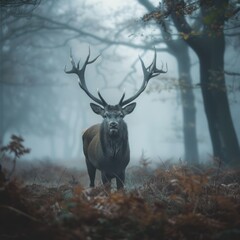 Graceful deer in misty forest serene ambiance