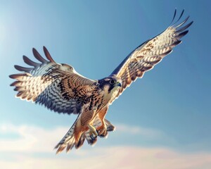 Keen-eyed falcon in flight clear blue sky