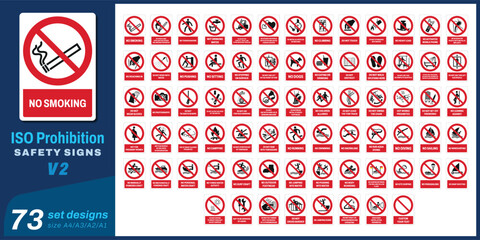 73 set iso prohibition safety signs size a4/a3/a2/a1 - obrazy, fototapety, plakaty