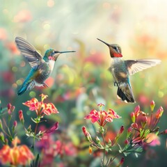 Hummingbirds around nectar flowers vivid colors