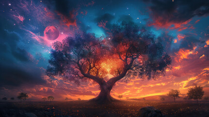 The night sky a colossal big tree forms a heart shape colorful