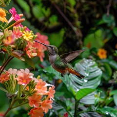 Fototapeta premium Hummingbirds in Costa Rican rainforest colorful flowers