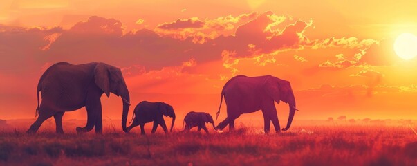 Elephant family trekking across savannah sunset hues