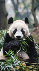Naklejka premium Gentle giant panda munching bamboo peaceful clearing