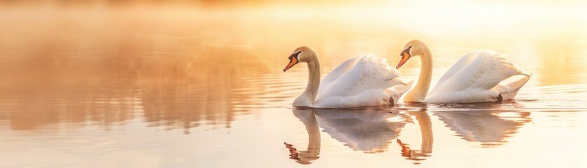 Elegant swans on lake sunrise reflection