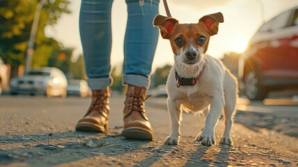 A dog walks with its owner. The love and devotion of a best friend. A walk filled with pure bliss, capturing the essence of friendship.