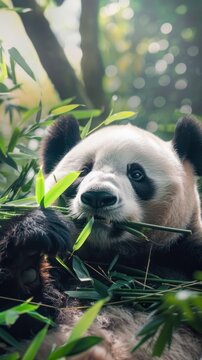 Gentle giant panda munching bamboo peaceful clearing