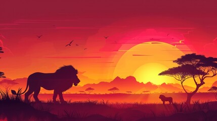 African sunset with silhouette of lions warm palette