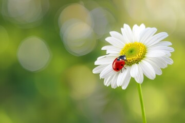 Daisy with ladybug on sunny background