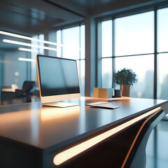 Fototapeta na wymiar A 3D rendering of an office desk with a futuristic look and bokeh - generated by ai