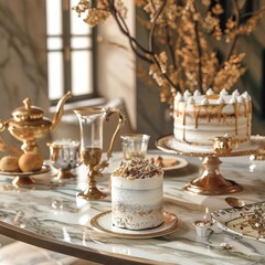 Fototapeta na wymiar a marble table, with karak chai glasse, with layer cake, for Eid mubarak, do eid mubarak decoration on the table