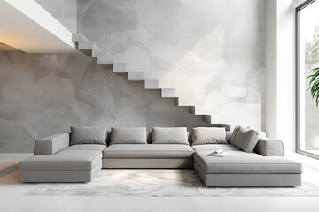 Minimalist interior design of modern living room, home. Grey corner sofa near staircase in spacious room