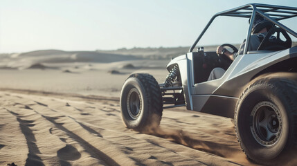 A man riding silver dune buggy in desert.