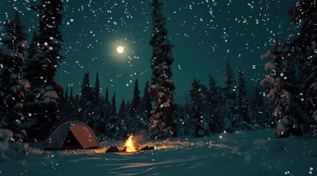 Cozy campsite with a tent and bonfire in a snowy winter landscape at night
  Seamless looping 4k time-lapse virtual video animation background. Generated AI