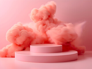 Peach Pedestal Product Display with Colorful Powder Explosion in Minimalist Background
