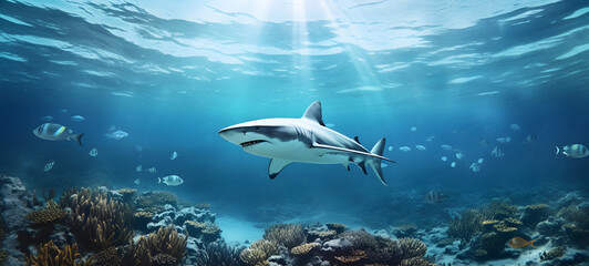 Obraz premium a shark swimming in the clear sea beautiful coral reefs in under the sun, ai generative