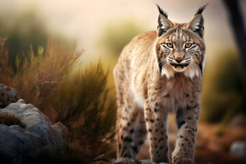 Obraz premium Eurasian lynx walking in natural habitat. Wildlife scene. Generative AI