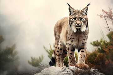 Fototapeta premium Eurasian lynx walking in natural habitat. Wildlife scene. Generative AI