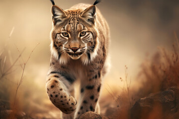 Naklejka na ściany i meble Eurasian lynx walking in natural habitat. Wildlife scene. Generative AI