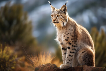 Fototapeta premium Eurasian lynx walking in natural habitat. Wildlife scene. Generative AI