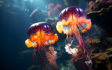 tropical brightly colored jellyfish in the warm waters of the sea. Undersea world.