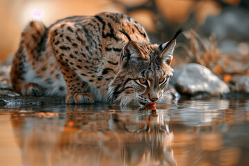 Obraz premium Eurasian lynx drinking water in natural habitat. Wildlife scene. Generative AI