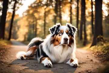 Handsome male Australian Shepherd posing lying down on the road in the forest. 