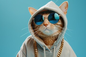 cat wears a hoodie, sunglasses and gold chain.. - obrazy, fototapety, plakaty