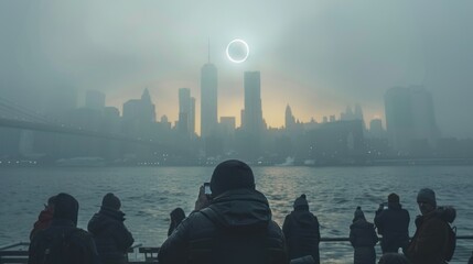 A group of people are standing on a pier watching the solar eclipse over the New York city. - obrazy, fototapety, plakaty