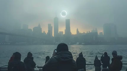 Foto op Plexiglas A group of people are standing on a pier watching the solar eclipse over the New York city. © Dusit