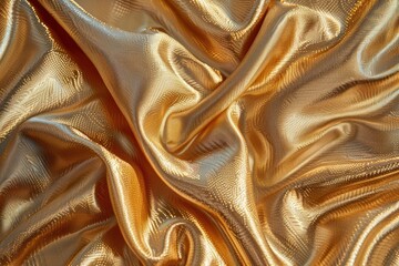 A gold fabric with a shiny texture. The fabric is folded and has a smooth, flowing appearance - obrazy, fototapety, plakaty