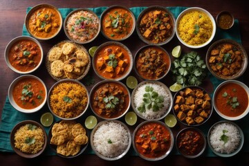 Top view of various kinds of delicious Indian food served on the table
