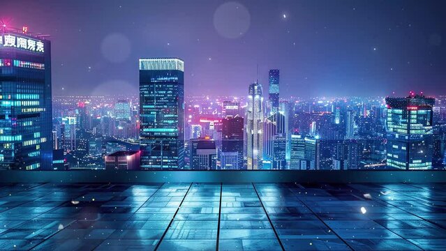  roof top building with view of futuristic city.3d rendering. seamless looping overlay 4k virtual video animation background
