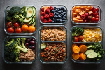 Fototapeta na wymiar top view of various healthy foods in lunch containers for work or school